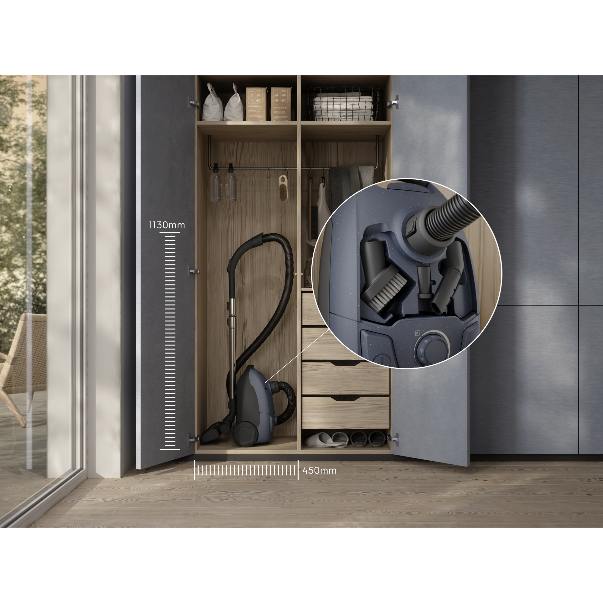 Compact design that’s easy to store, with on-board accessories kept within reach.