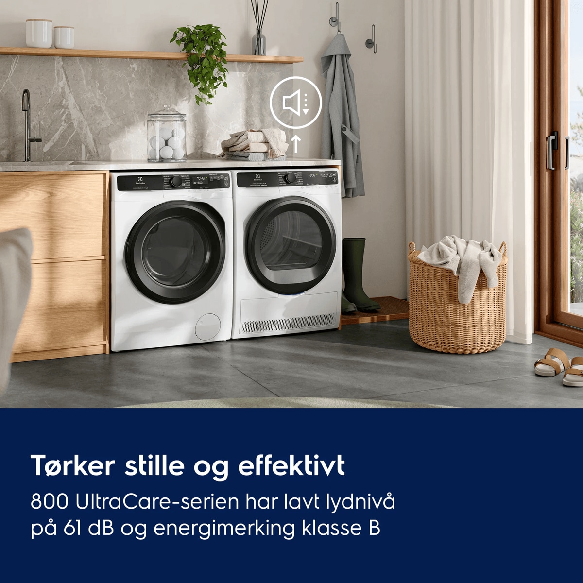   Tørker stille og effektivt.   800 UltraCare-serien har lavt støynivå på 61 dB og energimerking klasse B  