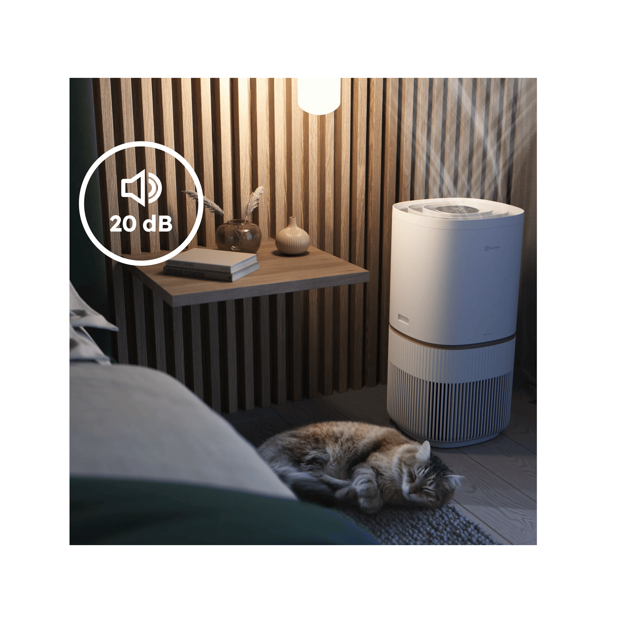 Air purifier providing cleaner air day and night with quiet Sleep Mode down to 20 dB.