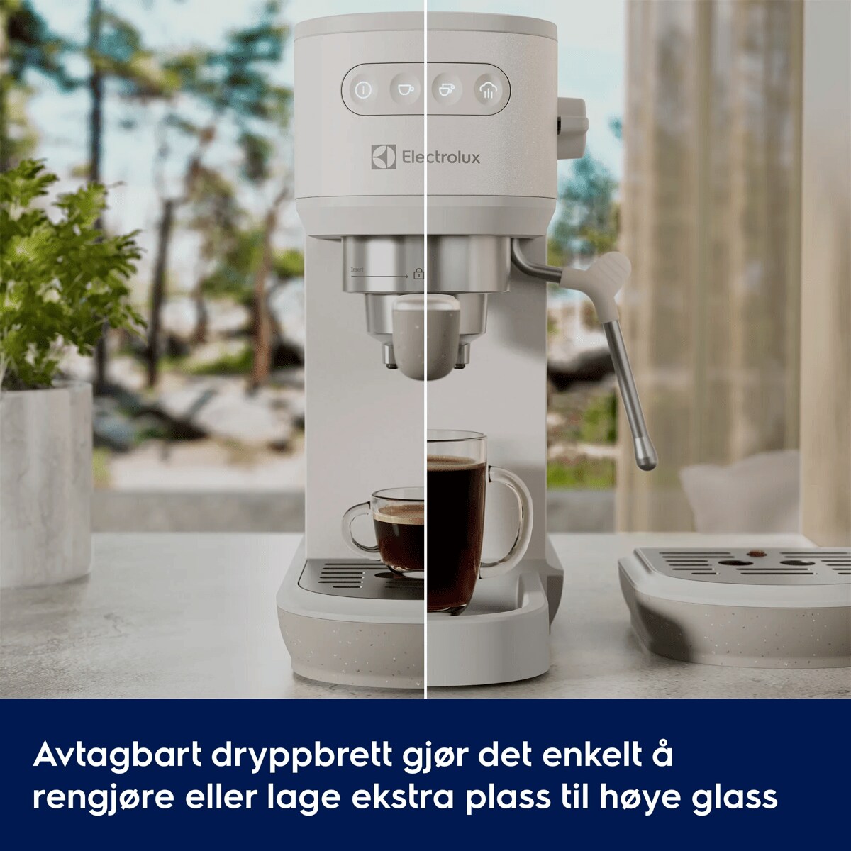 Avtagbart dryppbrett gjør det enkelt å rengjøre eller lage ekstra plass til høye glass