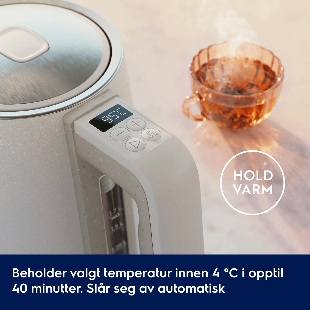 Beholder valgt temperatur innen 4 ℃ i opptil 40 minutter. Slår seg av automatisk      HOLD VARM