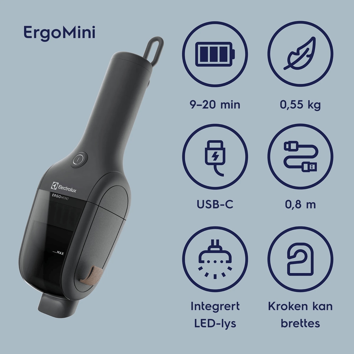 ErgoMini 9–20 min USB-C Integrert LED-lys 0,55 kg 0,8 m Kroken kan brettes