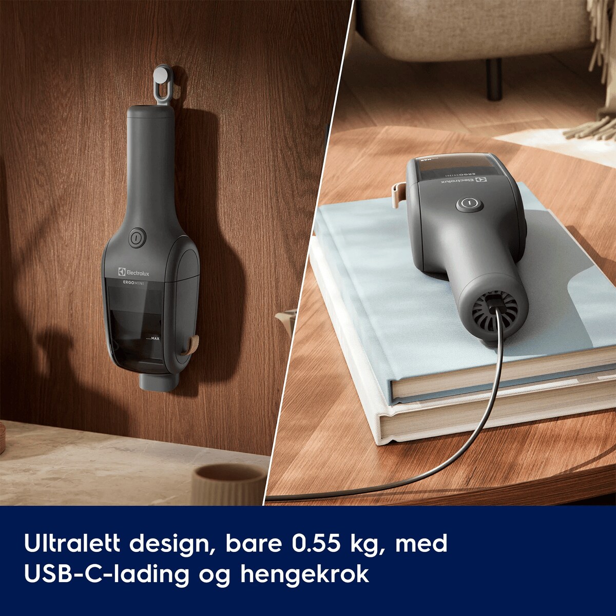 Ultralett design, bare 0.55 kg, med USB-C-lading og hengekrok.