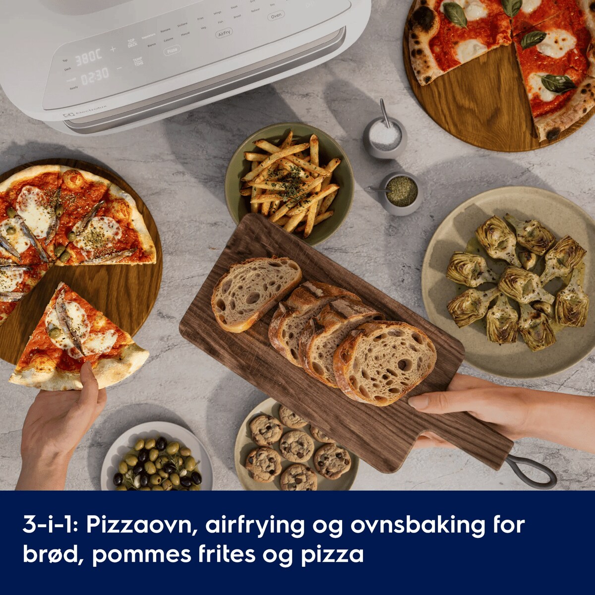 3-i-1: Pizzaovn, airfrying og ovnsbaking for brød, pommes frites og pizza