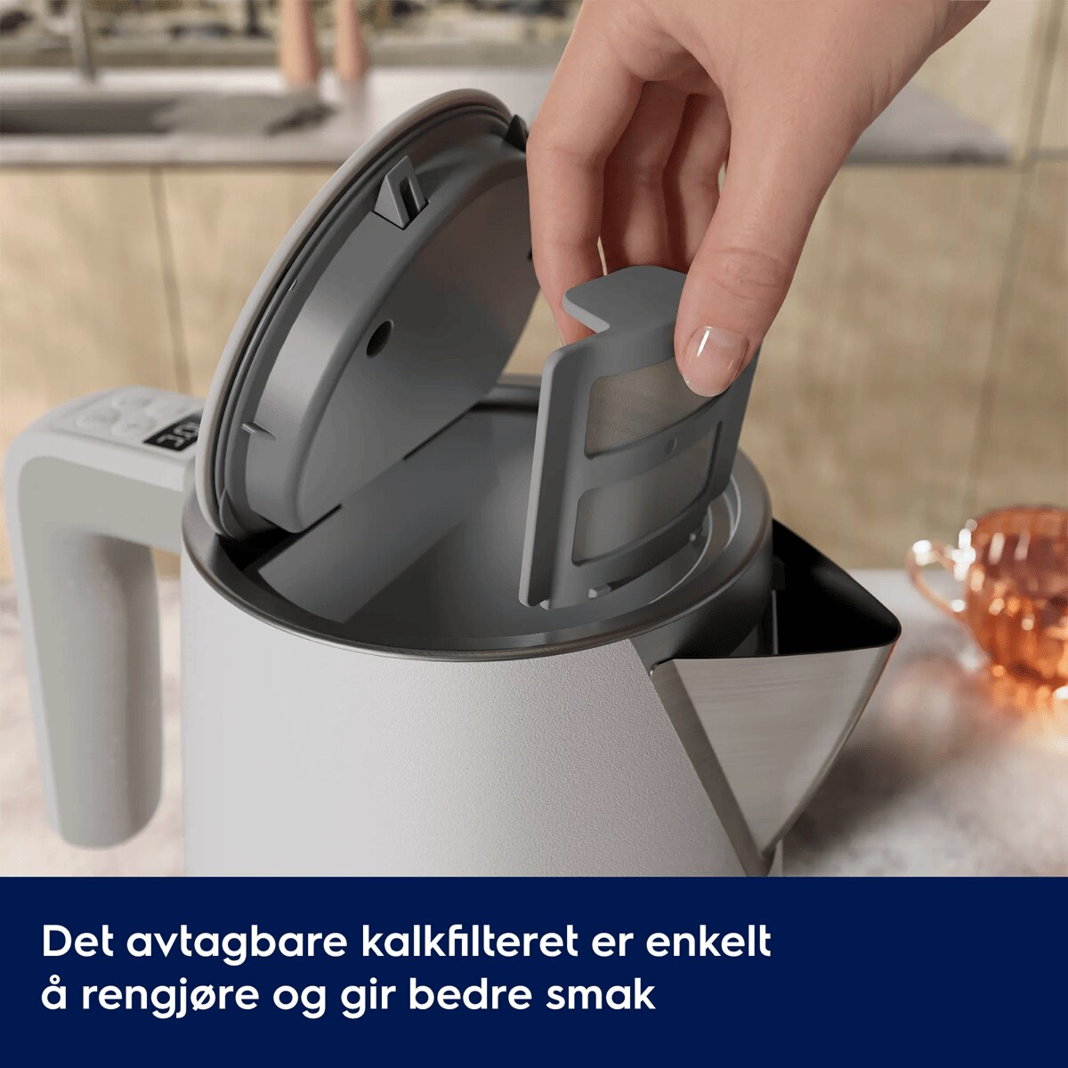 Det avtagbare kalkfilteret er enkelt å rengjøre og gir bedre smak.