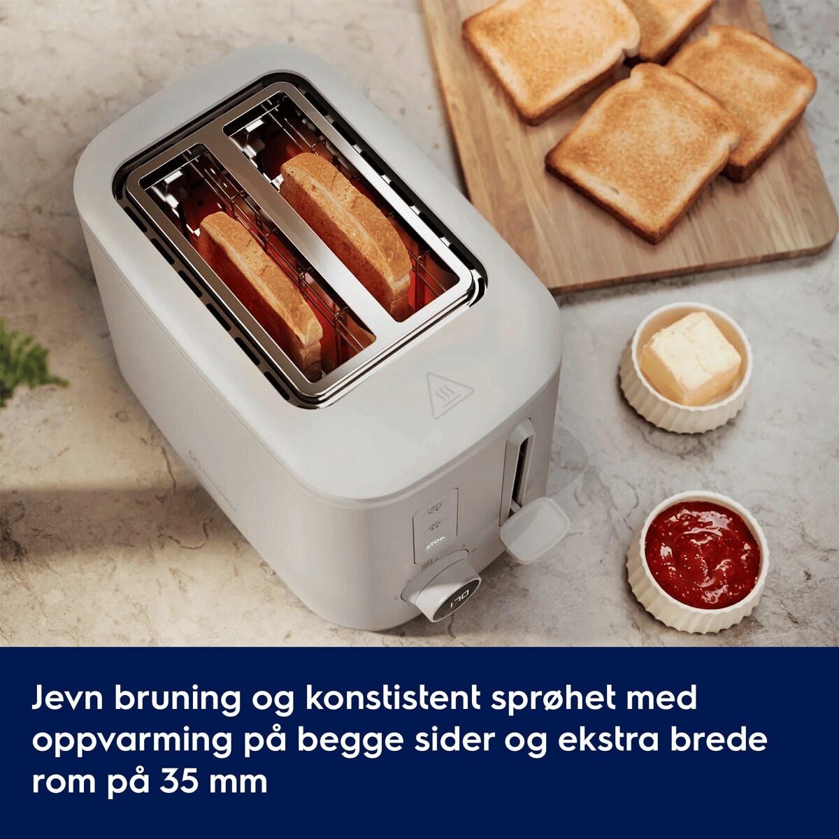 Jevn bruning og konstistent sprøhet med oppvarming på begge sider og ekstra brede rom på 35 mm