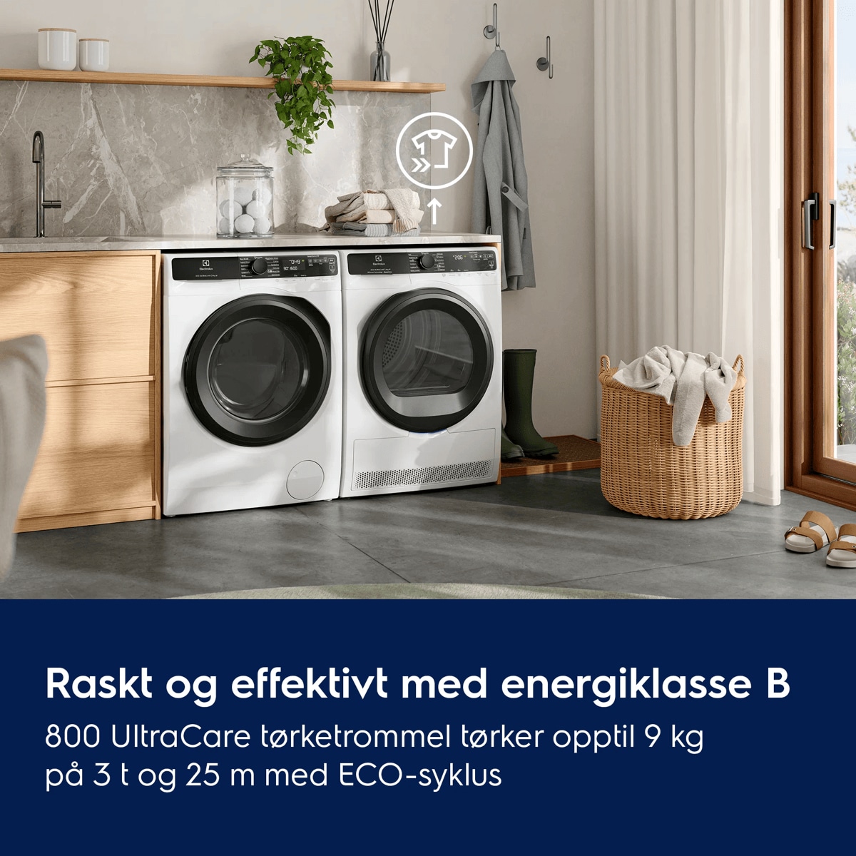   Raskt og effektivt med energiklasse B.   800 UltraCare tørketrommel tørker opptil 9 kg på 3 t og 25 m med ECO-syklus  