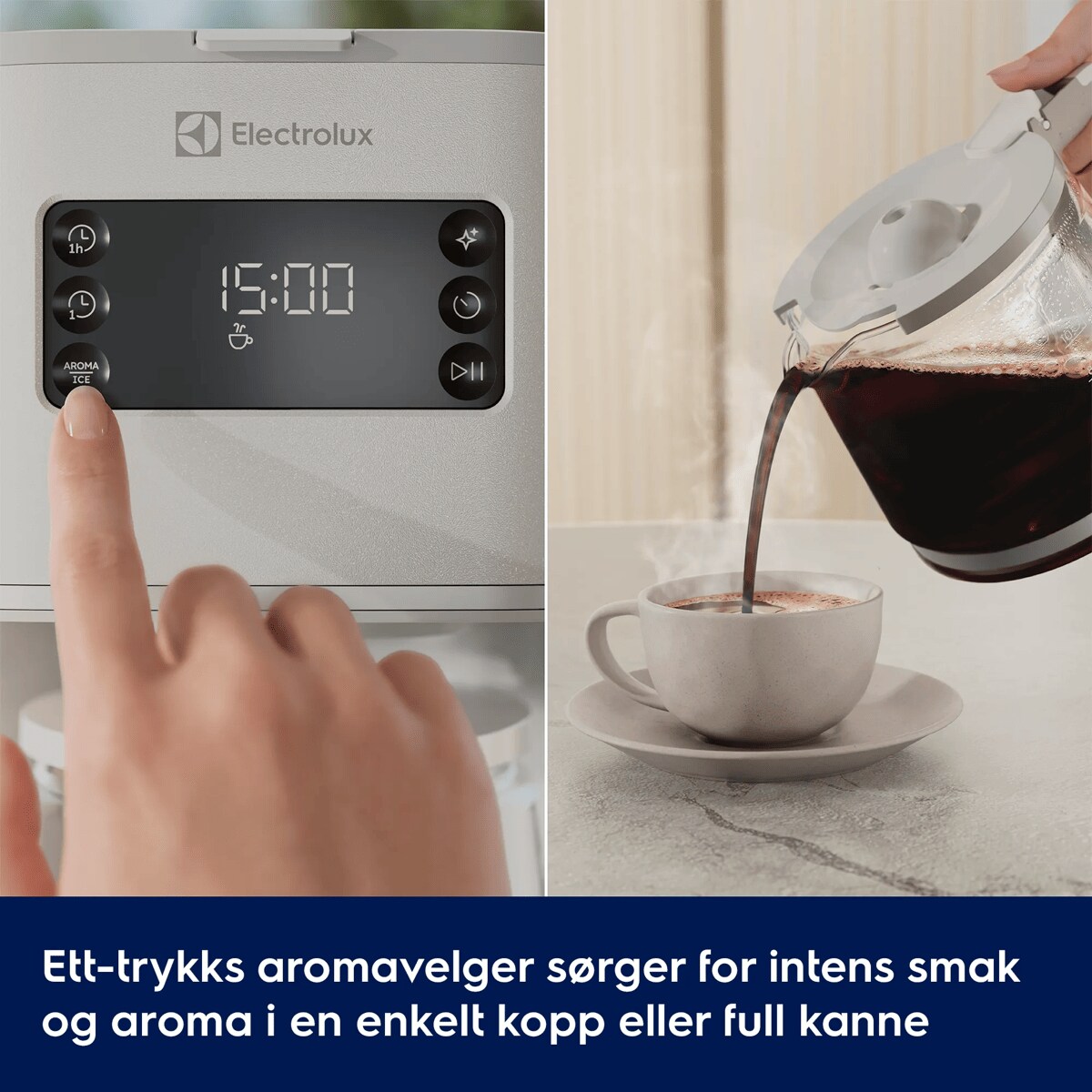 Ett-trykks aromavelger sørger for intens smak og aroma i en enkelt kopp eller full kanne