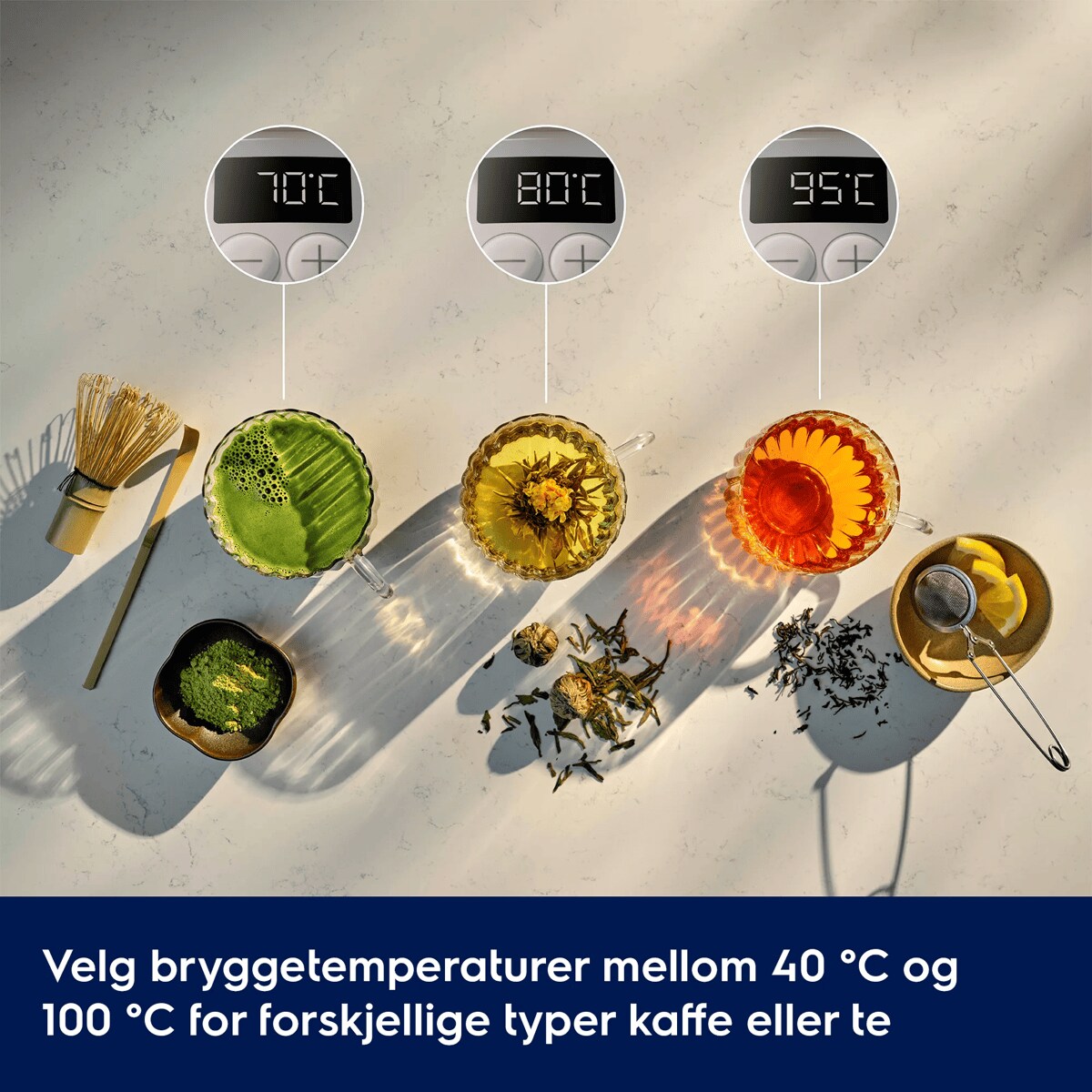 Velg bryggetemperaturer mellom 40 ℃ og 100 ℃ for forskjellige typer kaffe eller te.