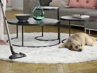 Støvsuger og en hund på gulvet