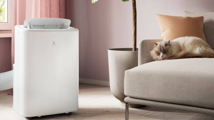 En airconditioner står i en stue med en sofa ved siden av. I sofaen ligger det en katt.